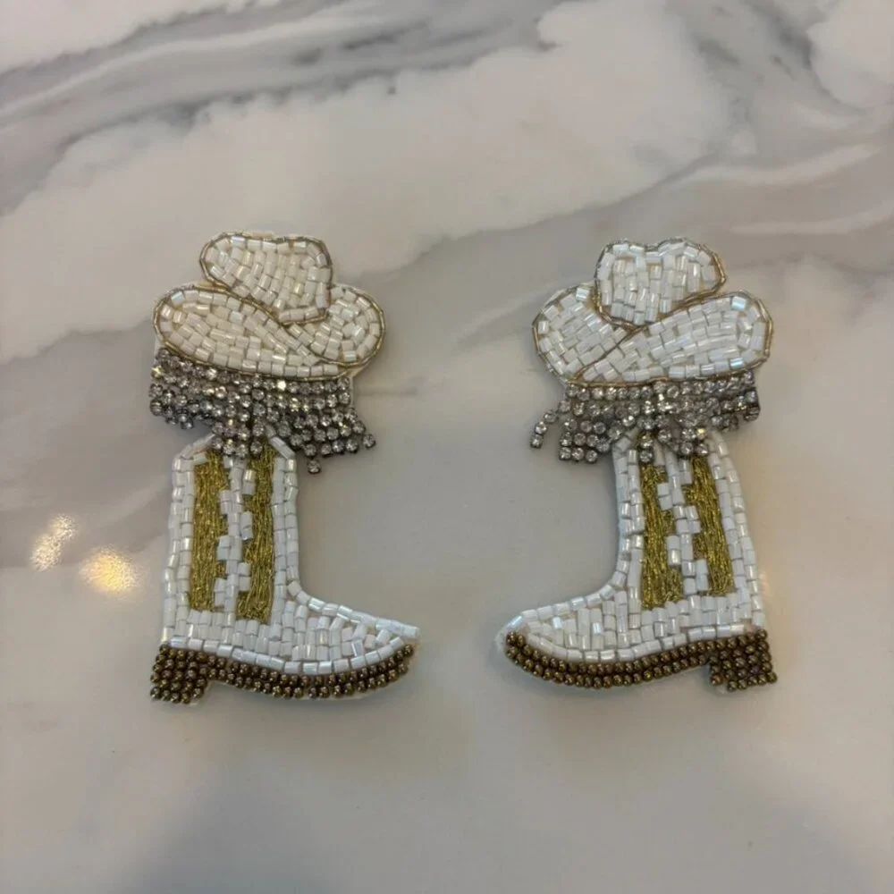 Glam Cowgirl Hat & Boot Earrings with Rhinestone Fringe